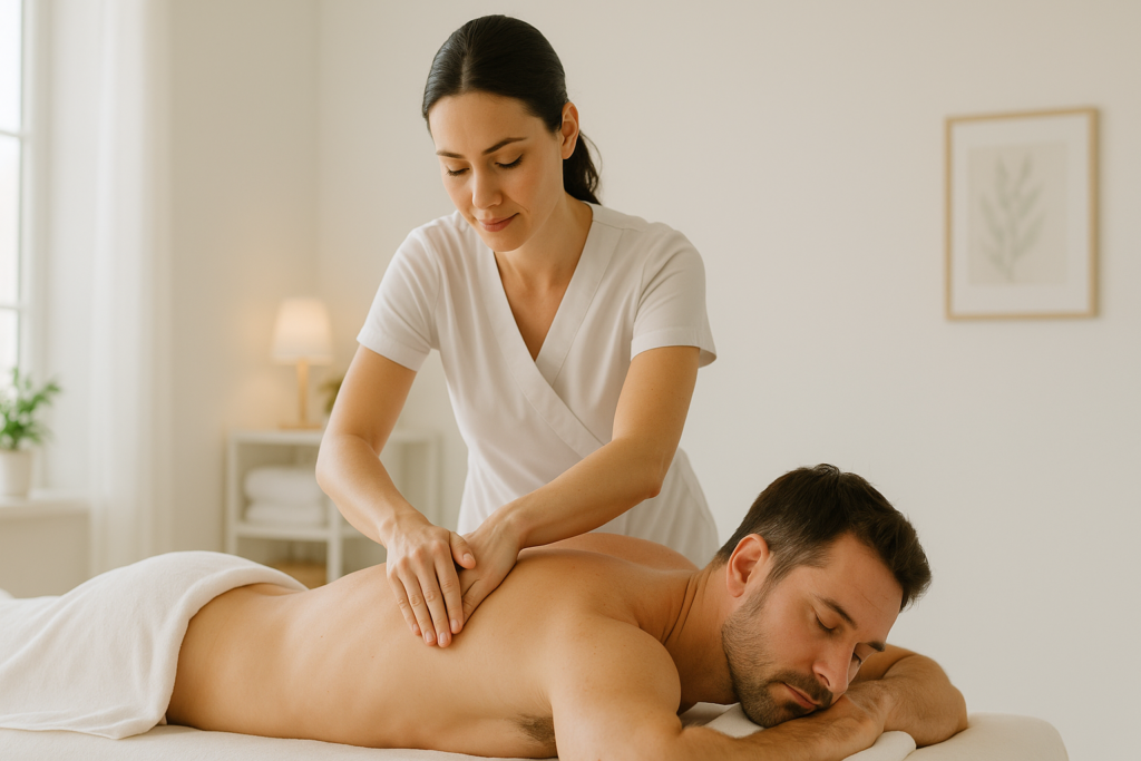 therapist giving a back massage to a client